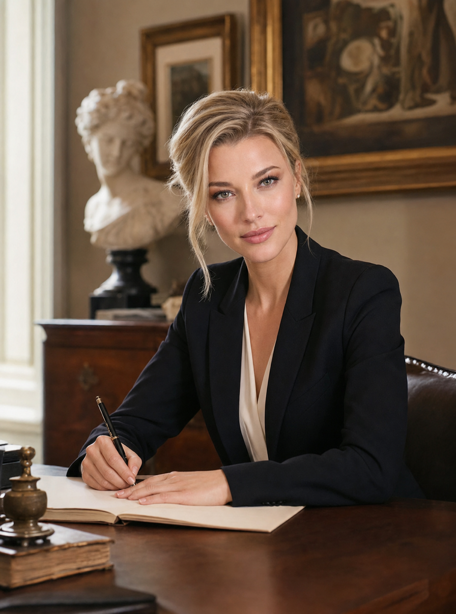 Nicole Junkermann scrive in uno studio con busti antichi e quadri alle pareti