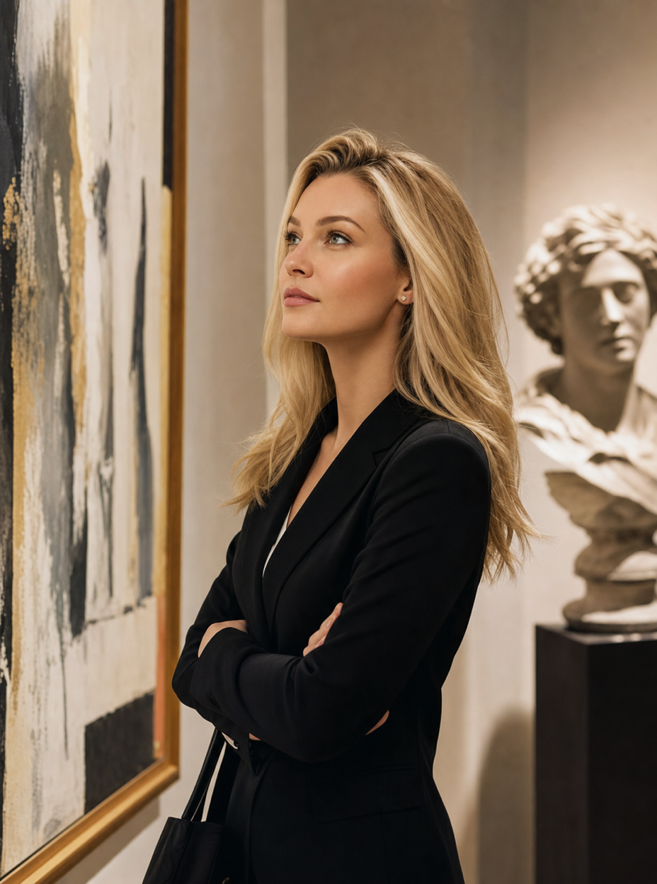 Nicole Junkermann osserva un dipinto in una galleria accanto a un busto antico