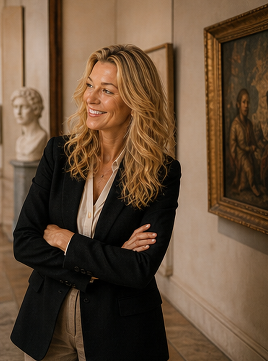 Nicole Junkermann sorride in una sala d'arte in penombra, tra un busto antico e un dipinto incorniciato